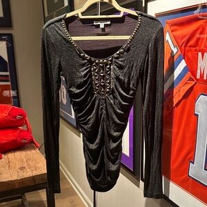 CAbi Charcoal Ruched Long Sleeve Blouse